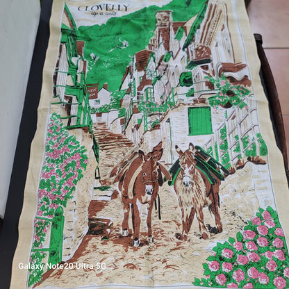 Vintage Down-A-Long Clovelly Linen Tea Towel Kitschy Donkey Souvenir England