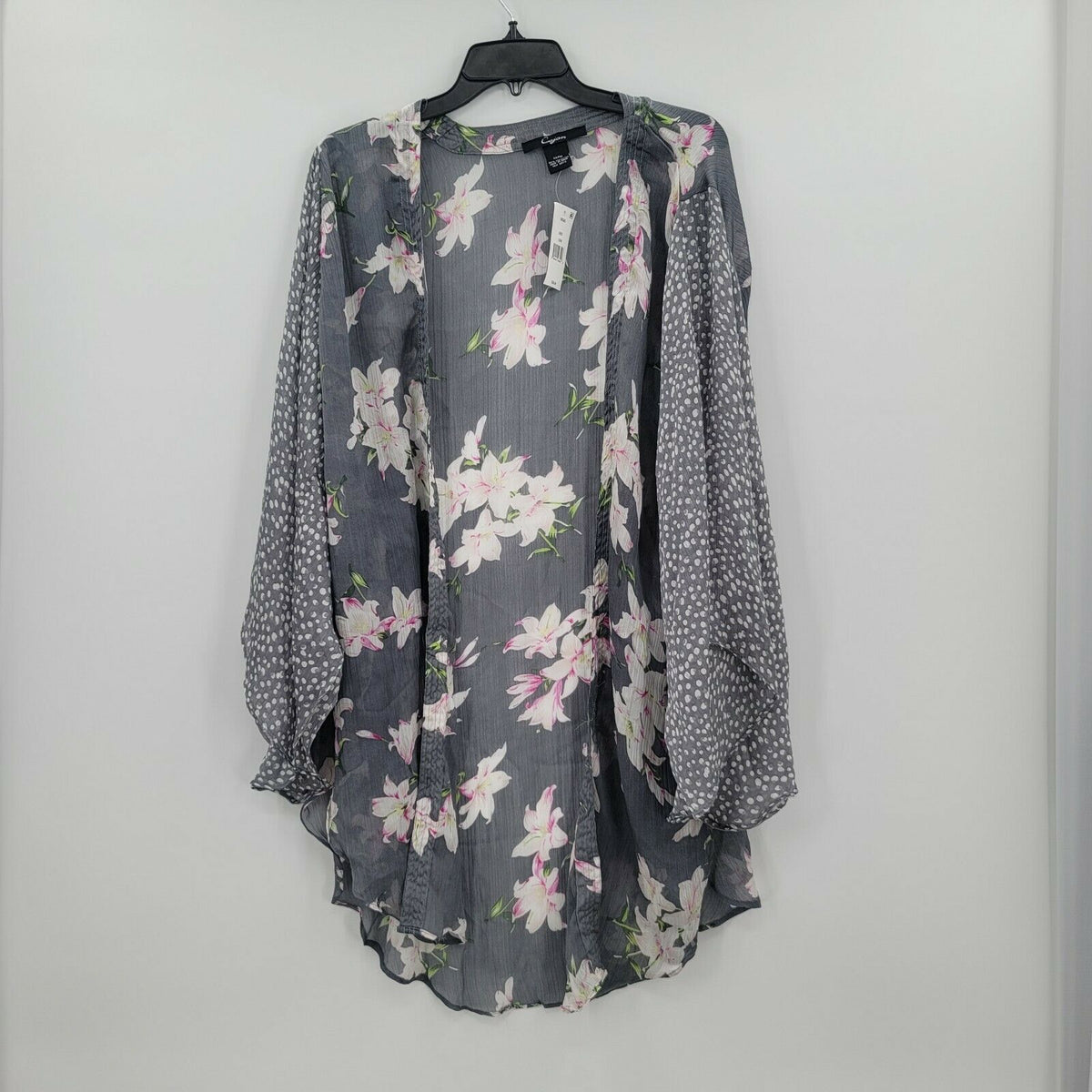 Cejon Floral Print Kimono Sleeve Cover-Up Tie at waist Gray One Size