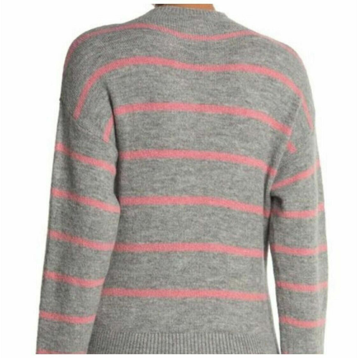 Wayf Grey Pink Stripe Tie Front Waist Mock Neck Pullover Sweater MEDIUM NEW