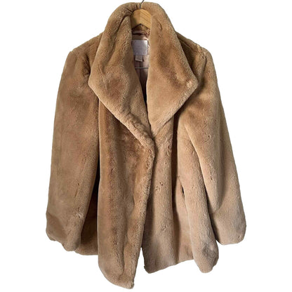 Rachel Parcell Tan Faux Fur Jacket Size Large NWT Super Soft Luxury Open Front