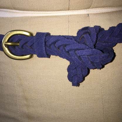 Vintage thin Braided Belt Blue Suede Leather Gold brass Buckle Total Length 38"