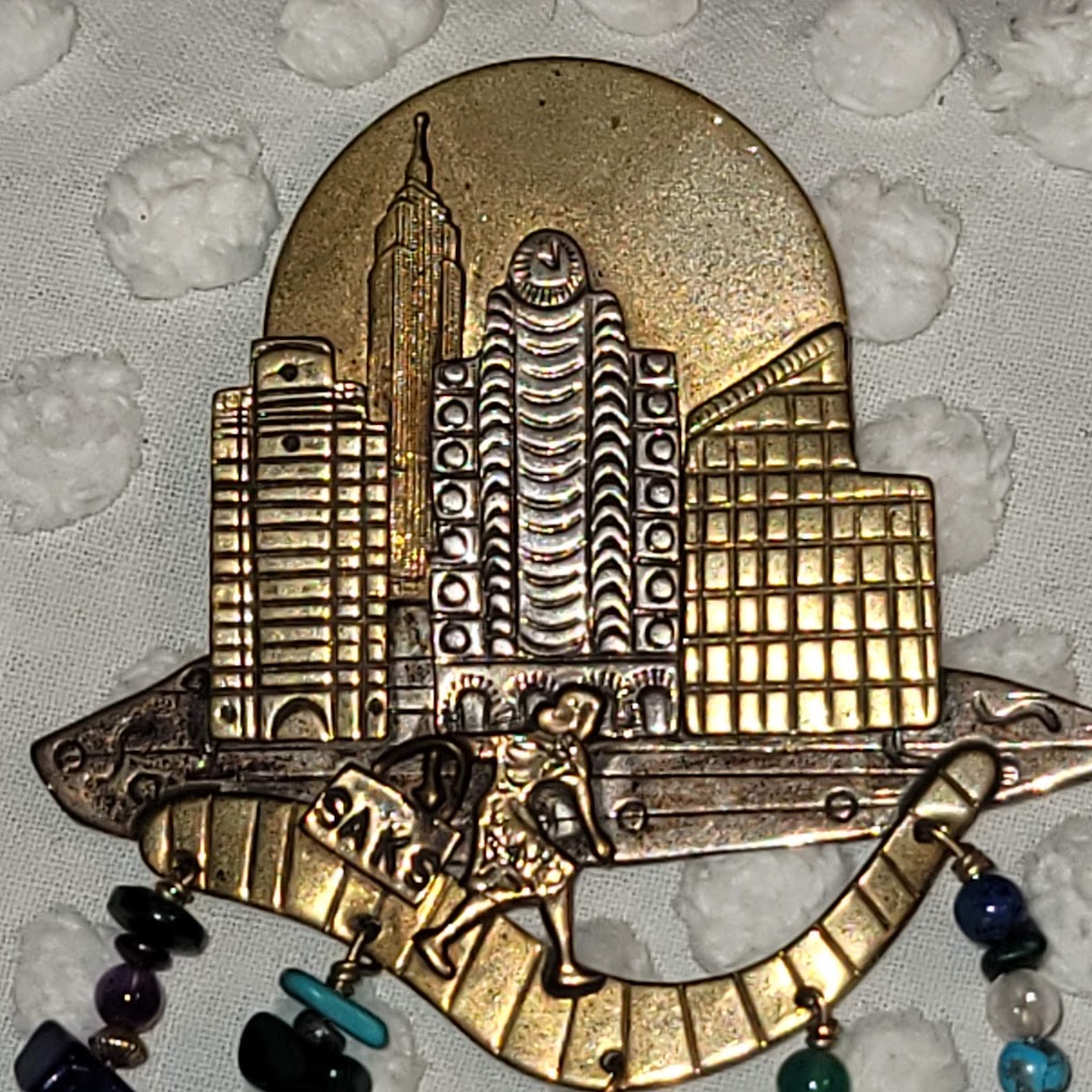 Saks STERLING New York Brooch Stones Theatre Masks Tennis Racquet Airplane boat