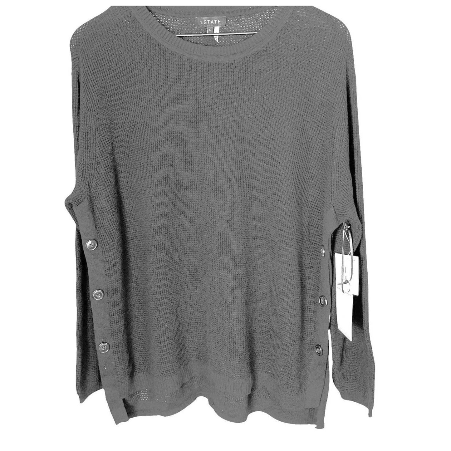 1.State Crew Long Sleeve Side Button Waffle Knit Top Sz Large Silver Heather NWT