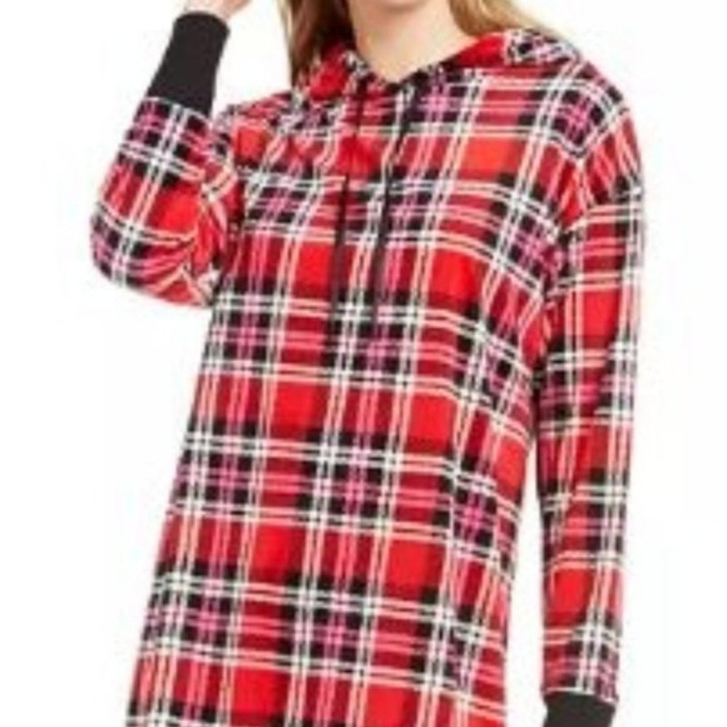 Betsey Johnson Plaid Velour Fleece Hoodie Lounger MEDIUM long sleeve Red NEW