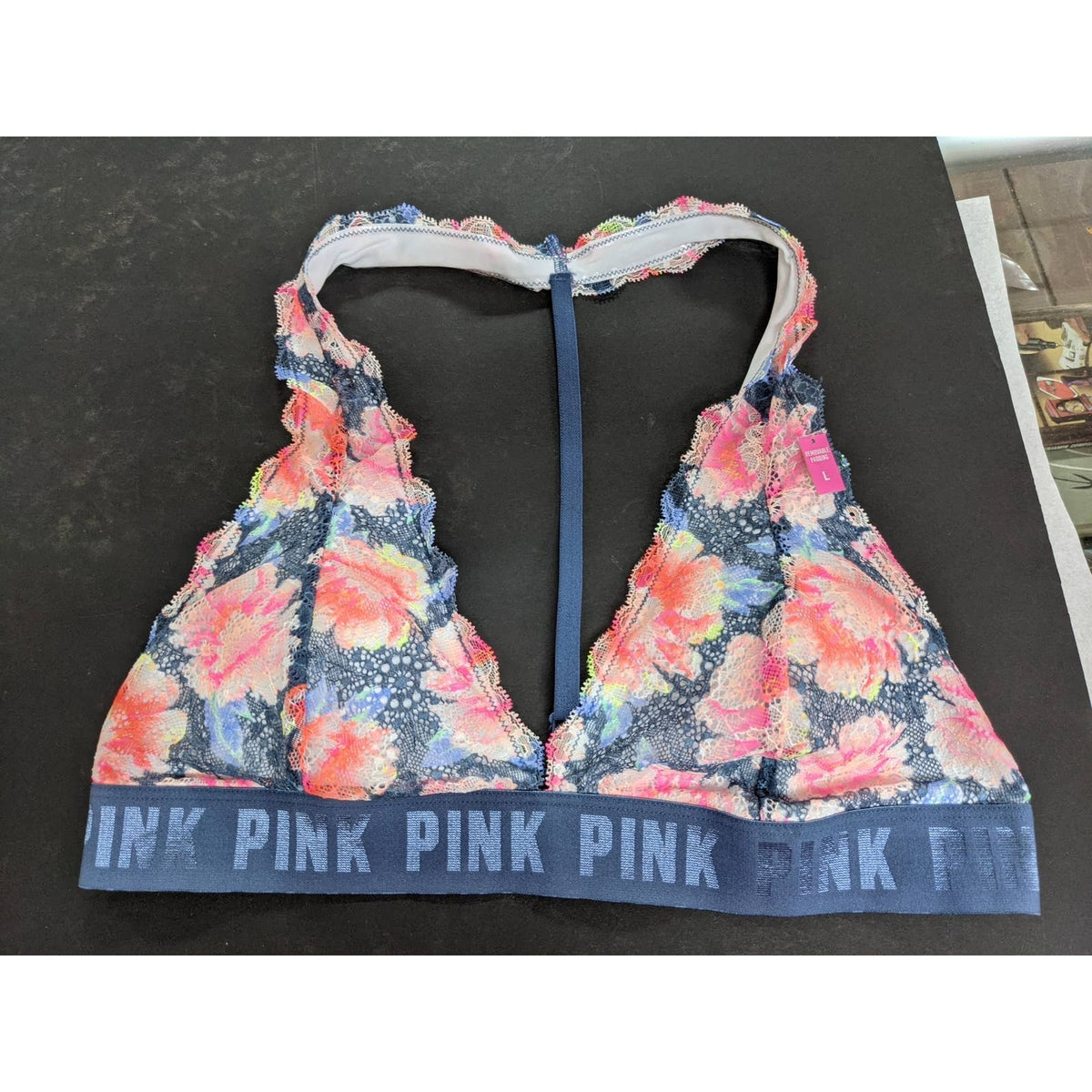 Victoria's Secret Lace Racerback Blue Pink Floral bralette removable pads Large