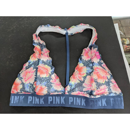 Victoria's Secret Lace Racerback Blue Pink Floral bralette removable pads Large