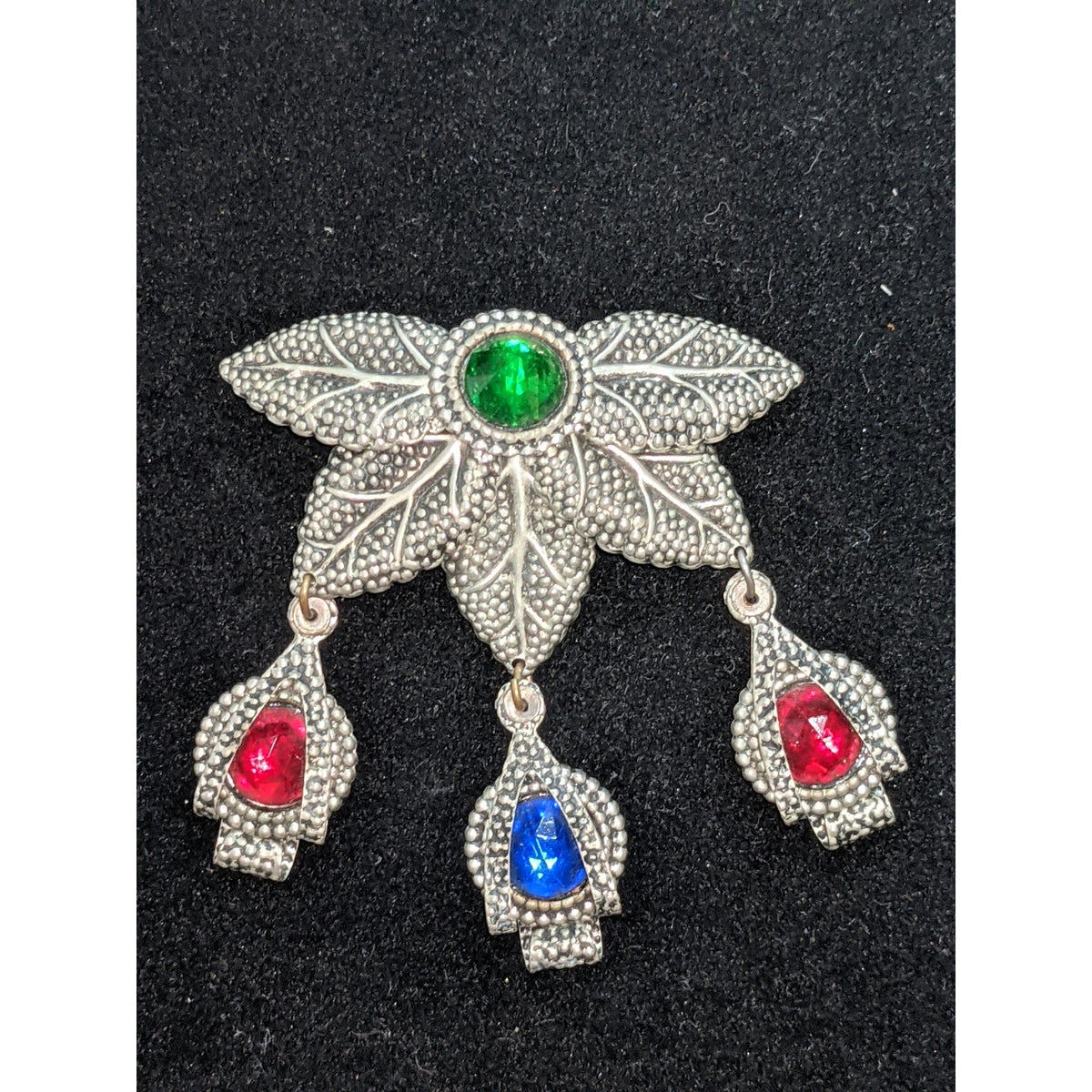 3tier silvertone bejeweled green red blue stones dangle brooch Pin Revival Leaf