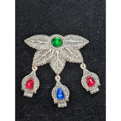 3tier silvertone bejeweled green red blue stones dangle brooch Pin Revival Leaf
