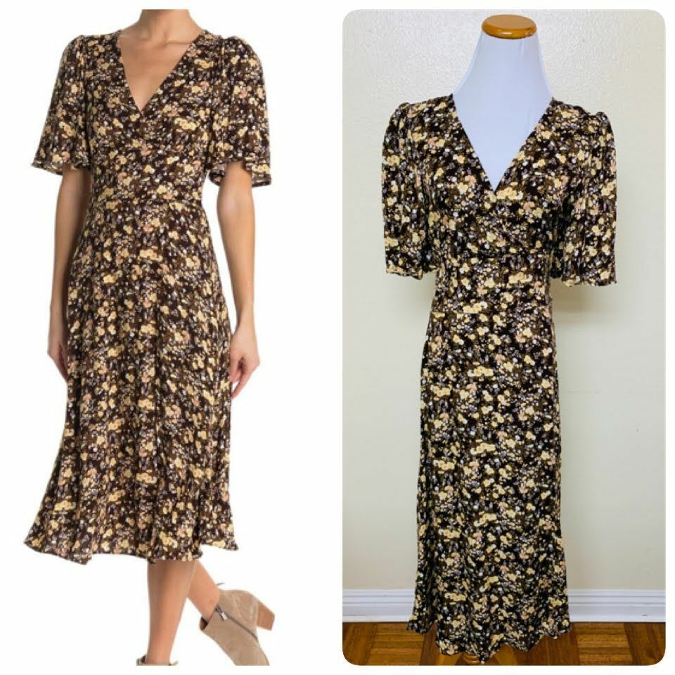 AFRM Ruthie Floral Midi Knit Dress Medium Green NEW Summer Side Slit Flutter