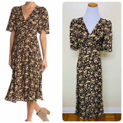 AFRM Ruthie Floral Midi Knit Dress Medium Green NEW Summer Side Slit Flutter