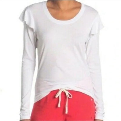 Sundry Ruffle Shoulder Scoop Neck Top Size 1/Small White NWT Made in USA