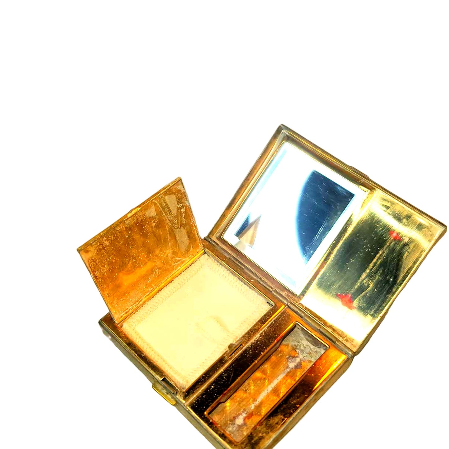 Vintage Vanity powder lipstick mirror metal case 1950s Goldtone floral etched