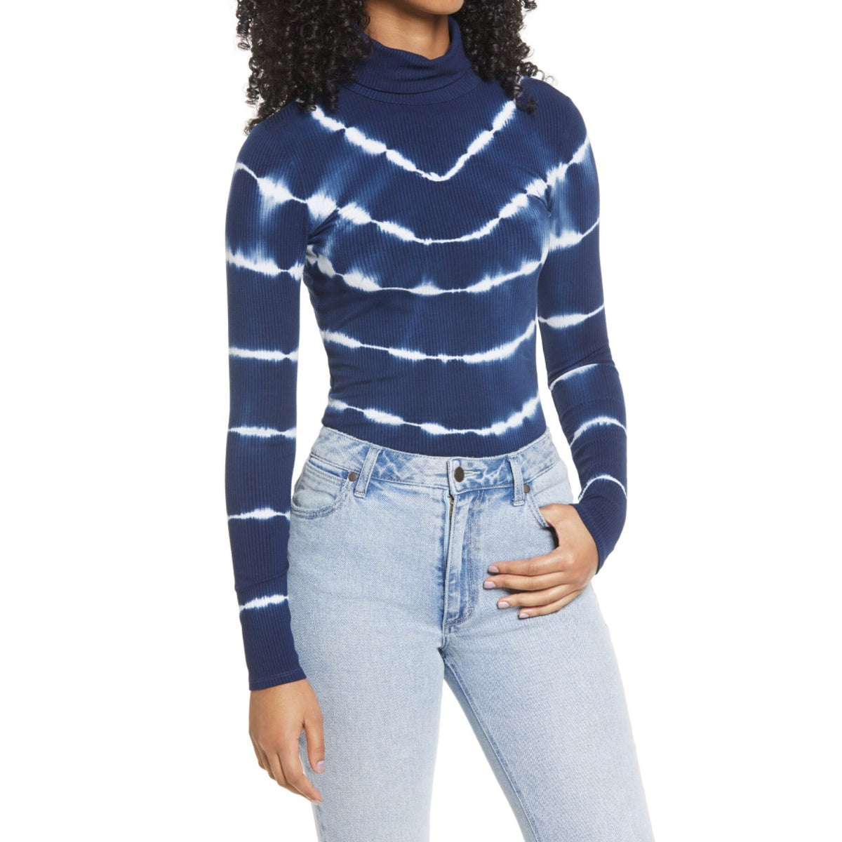 BP. NWT Ribbed White Navy Tie Dye Ribbed Turtleneck Top XS Shirt Layers Travel