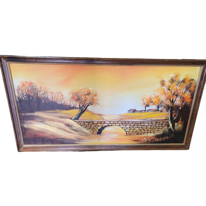 L. VICKI Oil MCM painting Large Landscape Oranges Yellow Large Wood Frame