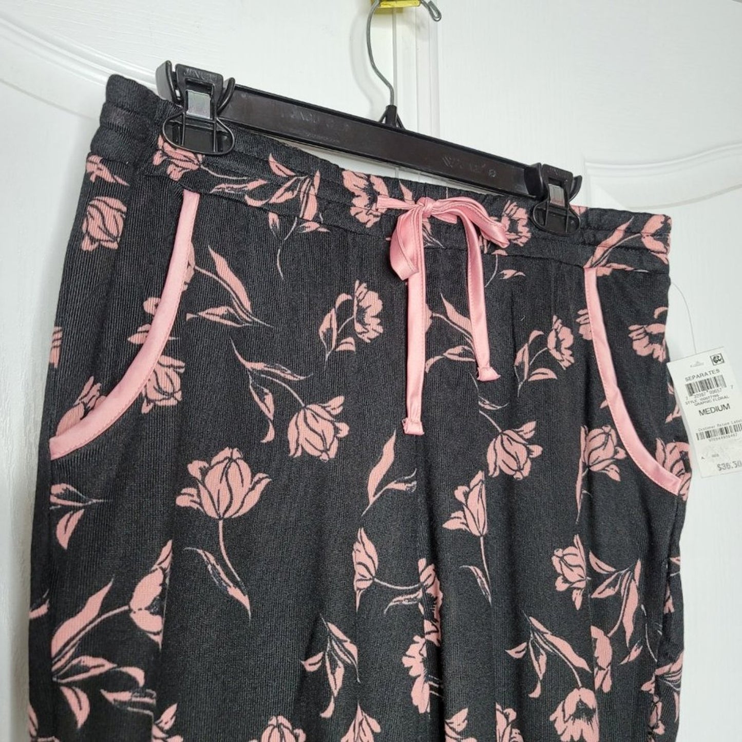 Charter Club LARGE Floral BLK/PINK Pajama Pants PJs Drawstring Waist cozy rose