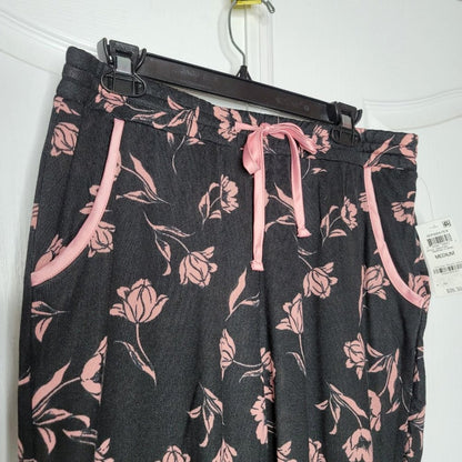 Charter Club LARGE Floral BLK/PINK Pajama Pants PJs Drawstring Waist cozy rose