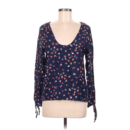 FRNCH Long Sleeve Blouse Medium Women Shirt Top Floral Blue Scoop Neck Wrist Tie