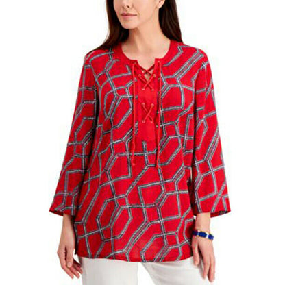 Charter Club Cotton Printed Front Lace-Up Tunic Top Red Barn Combo XL