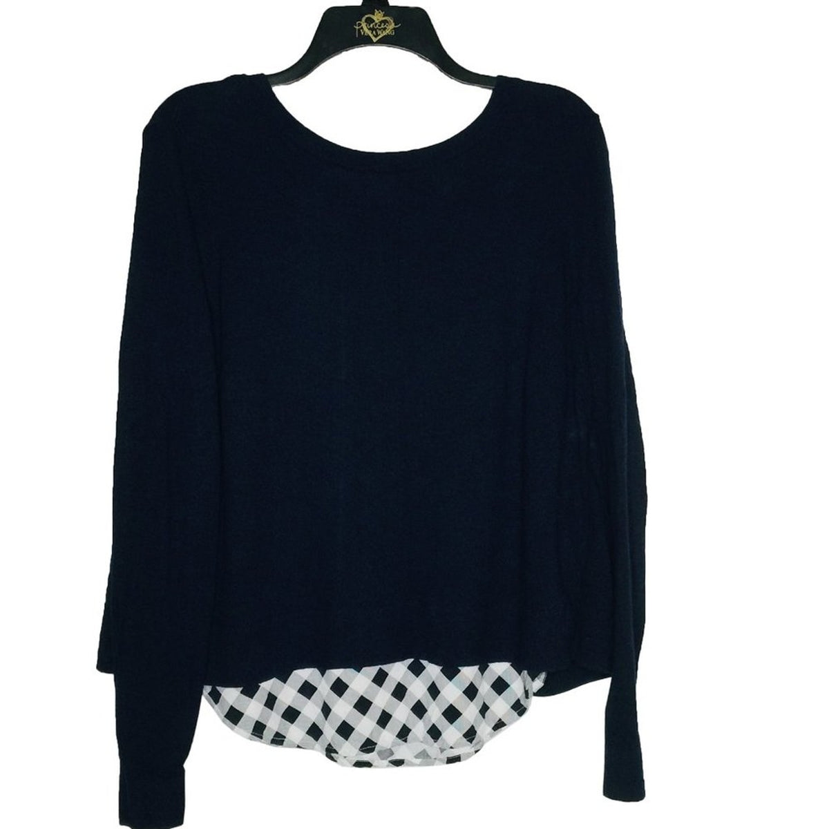 Crown & Ivy Hi-Low Blouse Top Long Sleeve Scoop Neck Tie Black check blue small