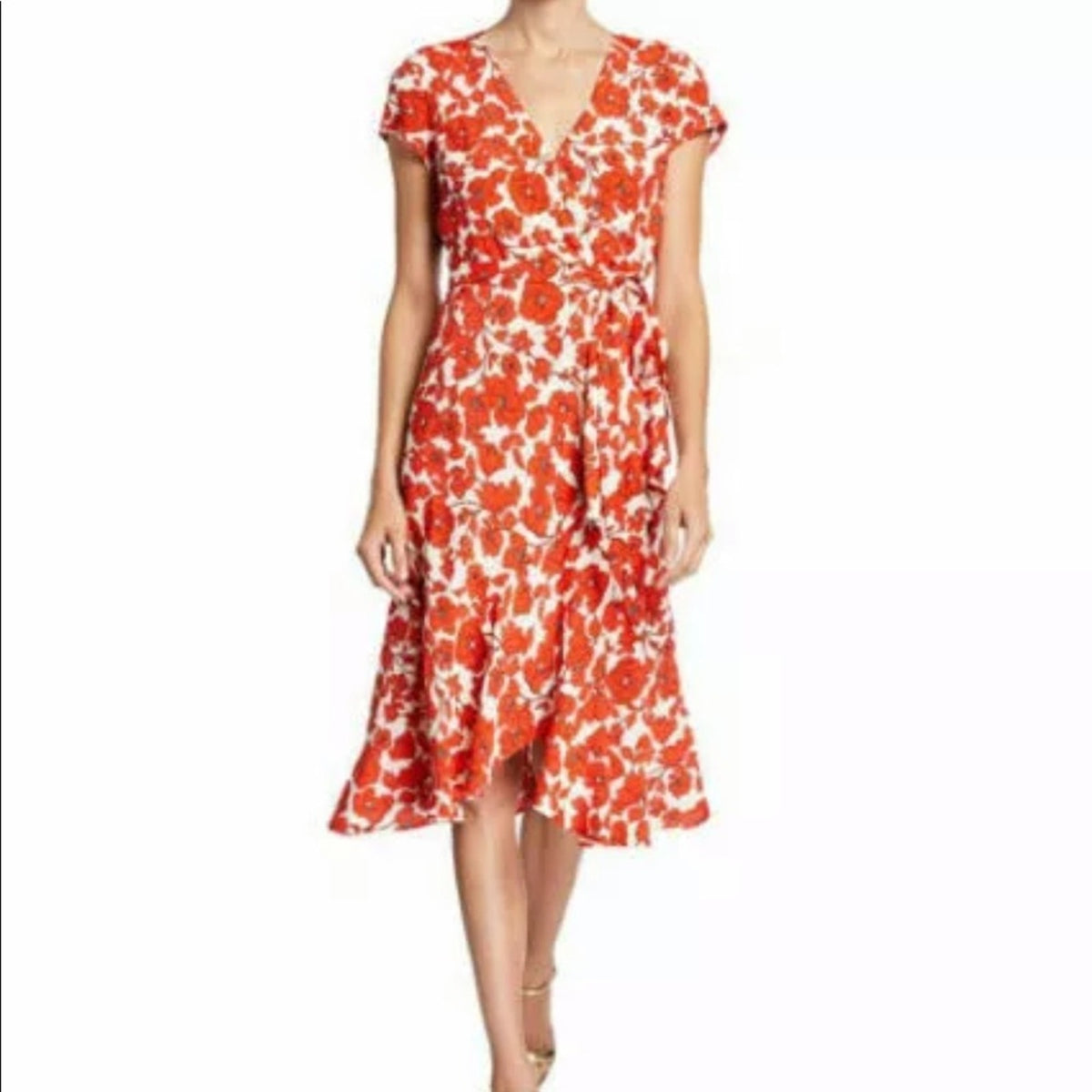 Bardot Sz 12 Red/White Fiesta Floral Faux Wrap Ruffle Short Sleeve Casual Dress