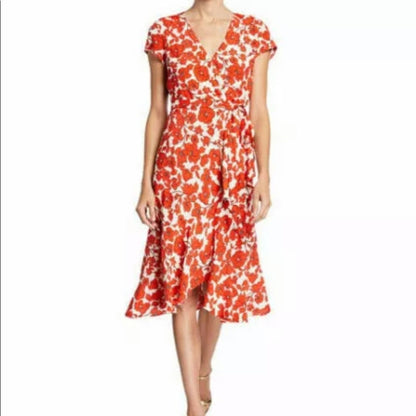Bardot Sz 12 Red/White Fiesta Floral Faux Wrap Ruffle Short Sleeve Casual Dress