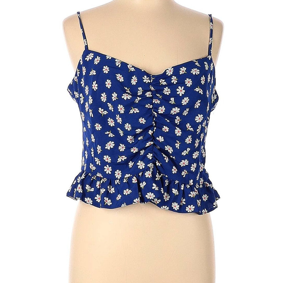 Topshop Sleeveless Blouse Size 12 Blue White Flowers Tank Spaghetti Straps