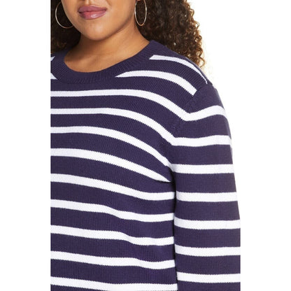 Halogen X Atlantic-Pacific Crew Sweater Sz Large Navy/White Cathy Stripes NWT