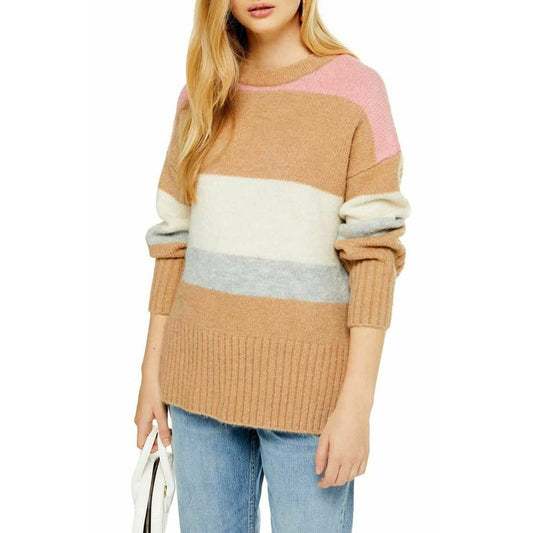 Topshop Supersoft Stripe Sweater Long Sleeve Crew Neck Color Blocked Tan US 8-10
