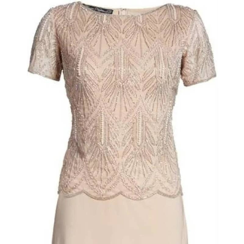 Pisarro Nights Beaded Bodice Chiffon Gown Size 4 Blush NWT Short Sleeve Formal