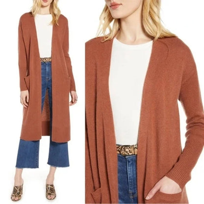 HALOGEN Open Front Pocket Cardigan Red Pomegranate Size medium Full length NEW