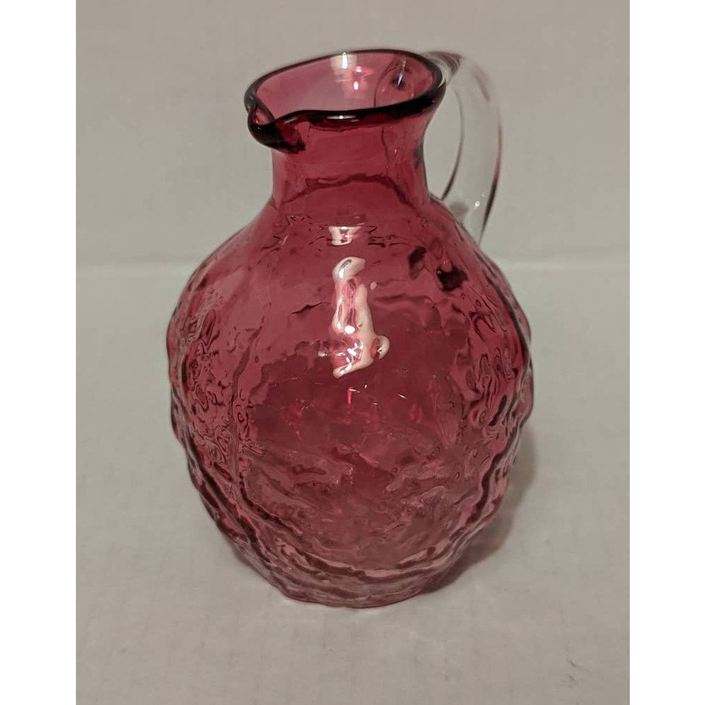 Vintage Pilgrim Cranberry Pebble Glass Miniature Jug Pitcher Clear Handle Pink