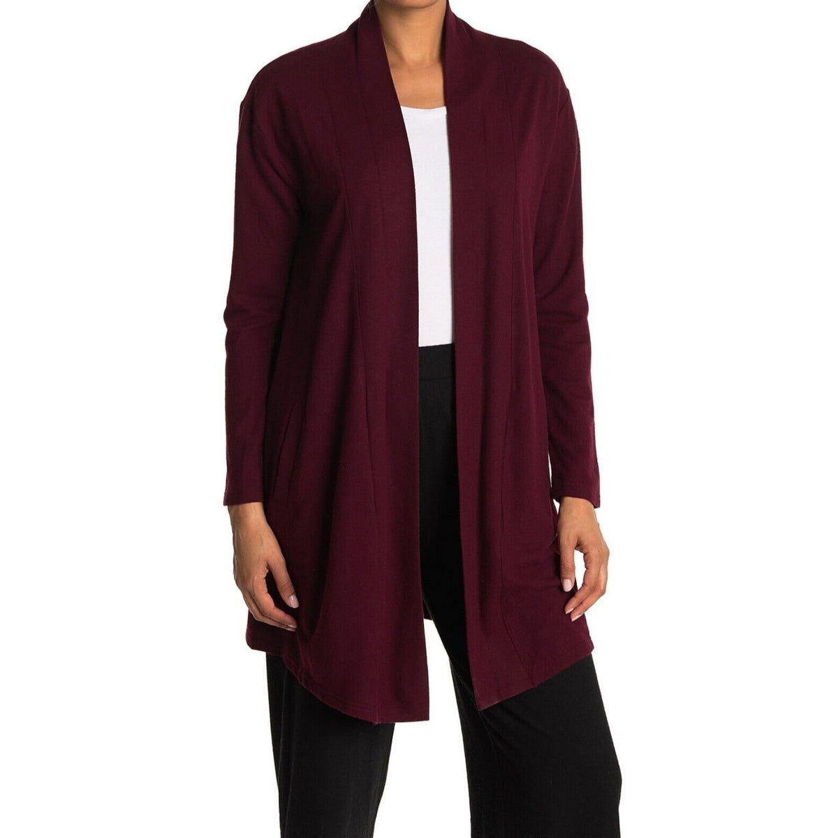 Melloday Women's Open Cardigan Sweater Large Wine NWT Slash Pockets Tunic Length