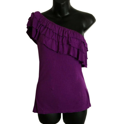 Soprano Womens Ruffled One-Shoulder Top Solid Purple Small Lot 2 Shirts