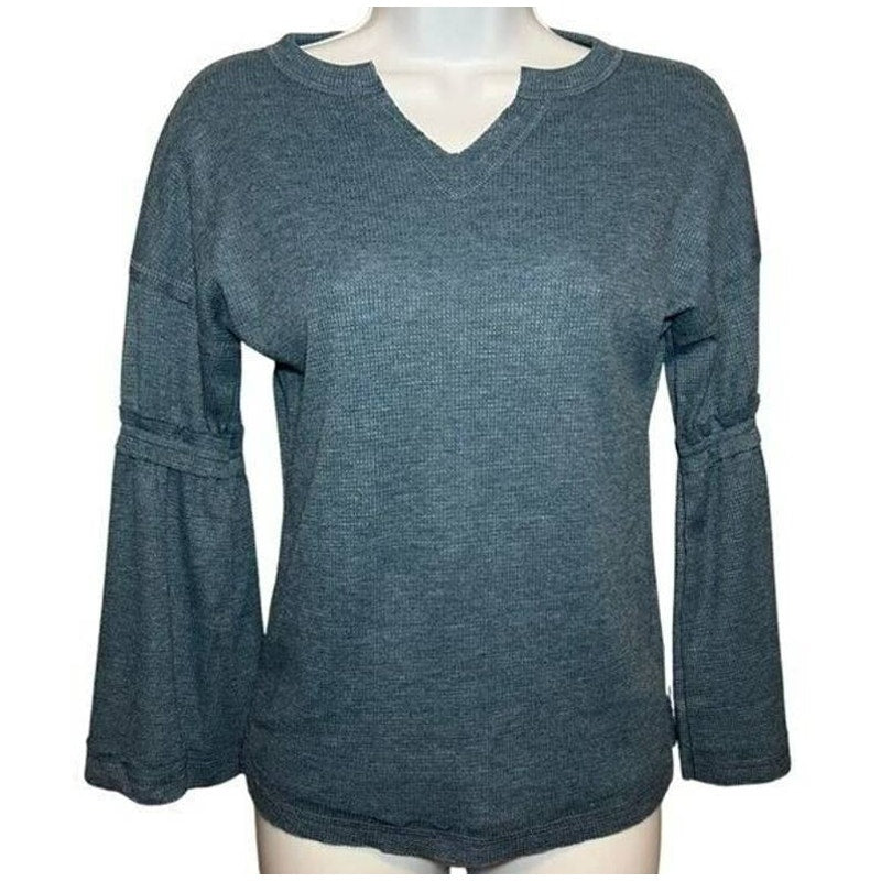 Baea Los Angeles Raw Seam Waffle Thermal Bell Sleeve Top Sz Small Denim Blue NWT