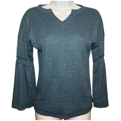 Baea Los Angeles Raw Seam Waffle Thermal Bell Sleeve Top Sz Small Denim Blue NWT