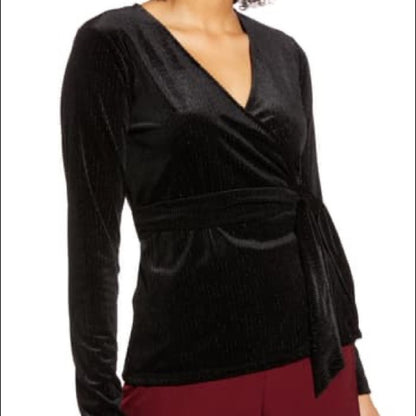 Halogen Black Long Sleeve Velvet Wrap Top Size Small