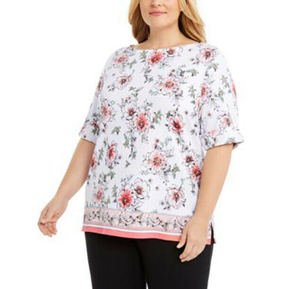 Karen Scott Women's Rebecca Floral Border-Print Top Boat Neckline Multi-Color 1X