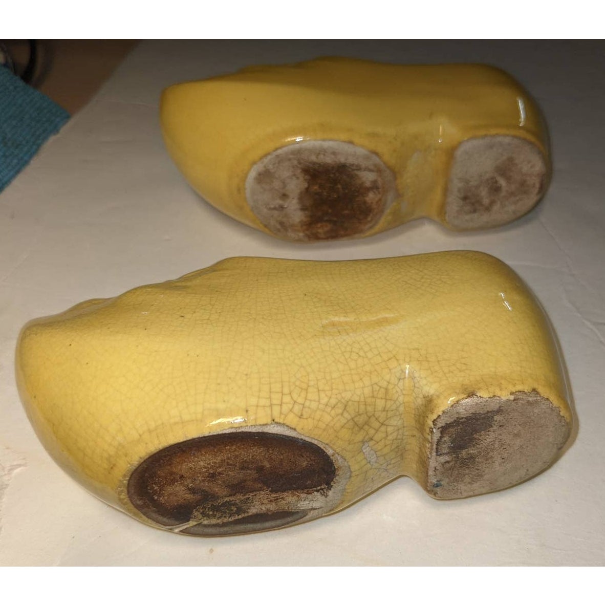 McCoy Mold Yellow Ceramic Clog Planters set 2 Dutch Shoes Cracked Glaze kitschy