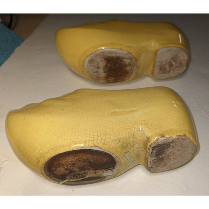 McCoy Mold Yellow Ceramic Clog Planters set 2 Dutch Shoes Cracked Glaze kitschy