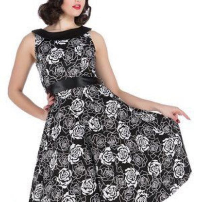 Hearts & Roses NEW Black White Roses Swing Dress Size 12 Fit Flare Pinup Style