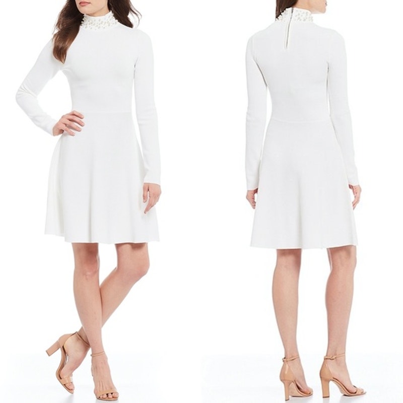 Eliza J. Pearl Trim Mock Neck Dress Ivory fit flare XXL long sleeve cocktail NEW