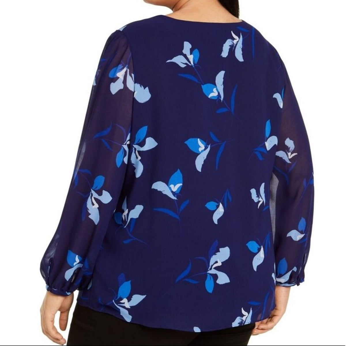 Calvin Klein Blue Floral Long Sleeve Tunic Top Size Large Blouse NEW
