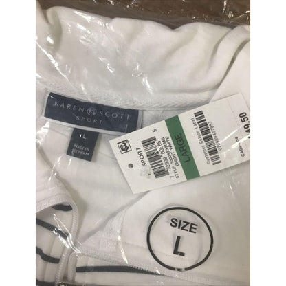 Karen Scott Sweatshirt Striped Full Zip Up Jacket Long Sleeve Bright White Large
