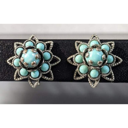 Vintage Faux Turquoise Silver Clip On Earrings