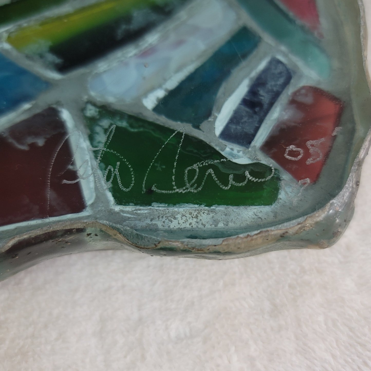 Fused glass Art tray mosaic Abstract Design Heavy Sign Peter 05 Vintage platter