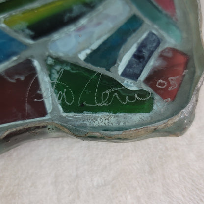 Fused glass Art tray mosaic Abstract Design Heavy Sign Peter 05 Vintage platter