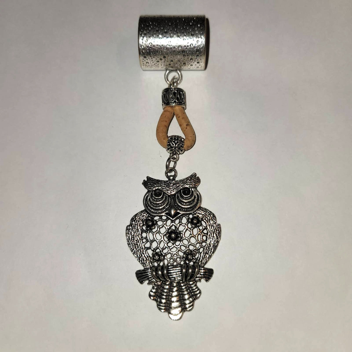 NEW silvertone Black Aged Filigree Metal Scarf Purse Slide Cork Rope OWL