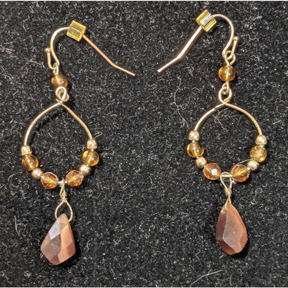 Vintage Handmade Brown Beaded Y Drop Golden Chain Necklace Hoop Earrings Set
