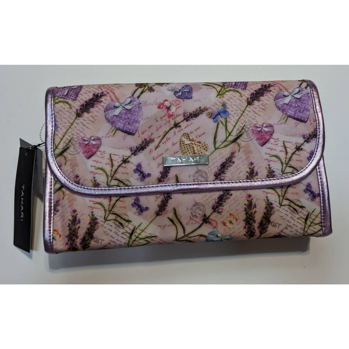 Tahari Lilac Sweethearts Hanging Travel Fold Up Toiletry Case Bag Clear Plastic