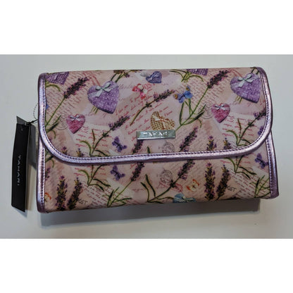 Tahari Lilac Sweethearts Hanging Travel Fold Up Toiletry Case Bag Clear Plastic